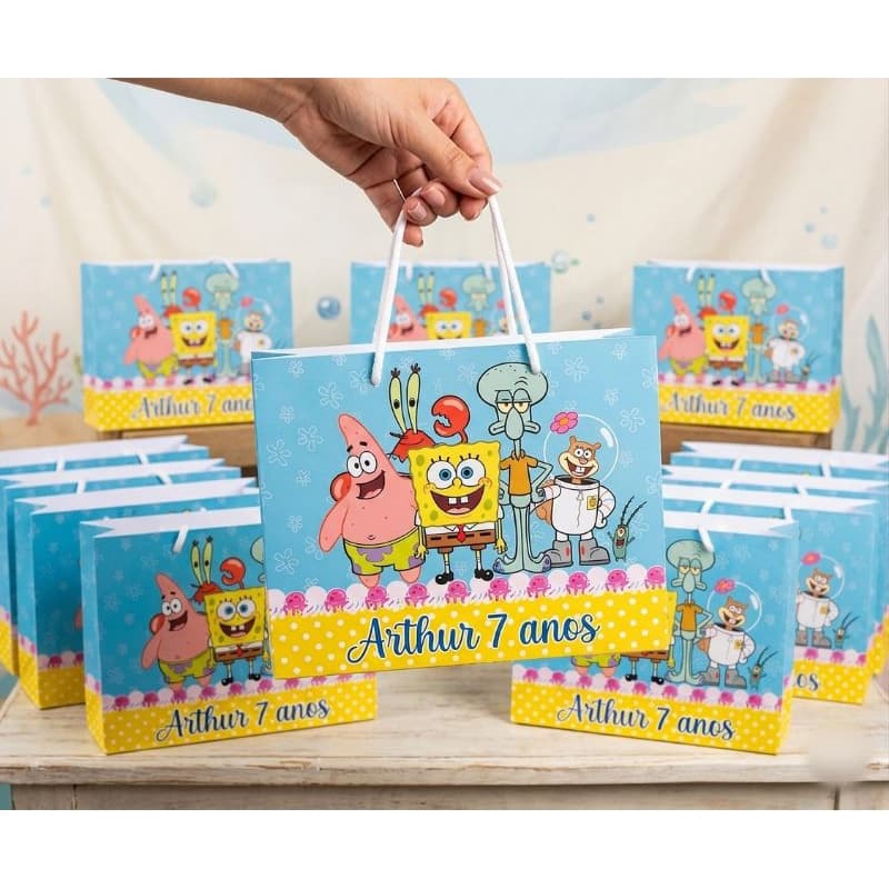 Sacolinha Personalizada tema Bob esponja | Personalizados | Sacola Bob Esponja | Pegue e monte