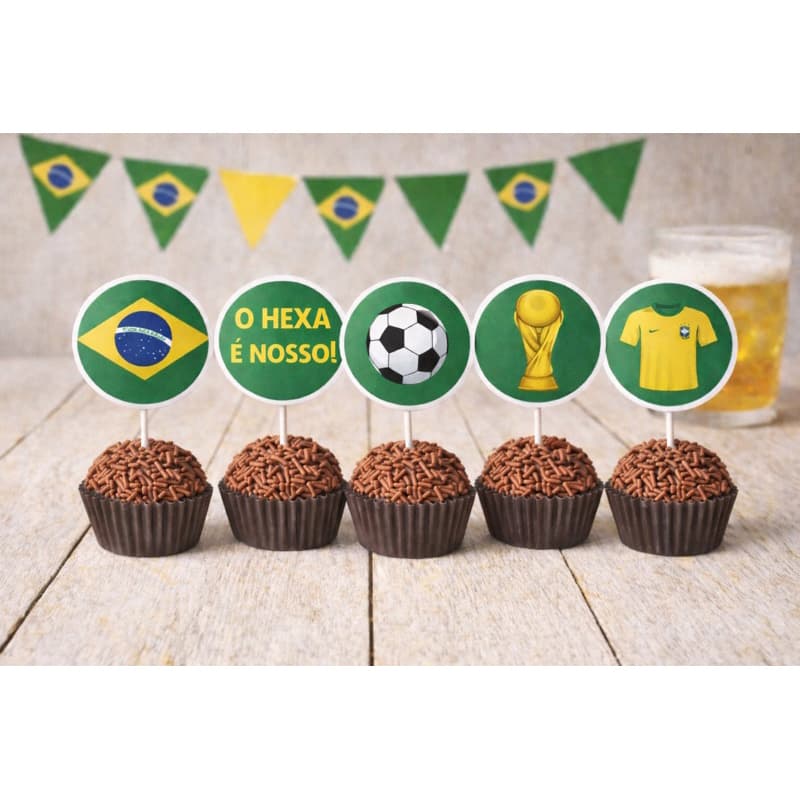Topper Futebol Brasil para Docinho 3,5cm | Bandeira Hexa Bola Taça Camisa | Kit 50 100 150 Unidades