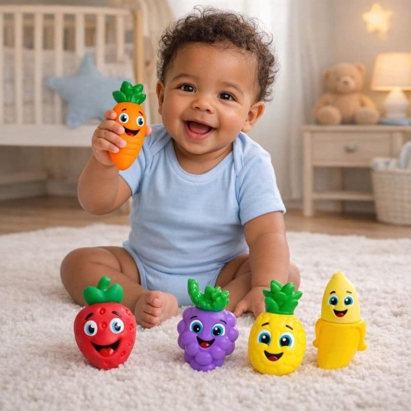 Chocalho e mordedor Macio anti stress - alivio gengiva - Dentição frutas e vegetais - Vila Toy