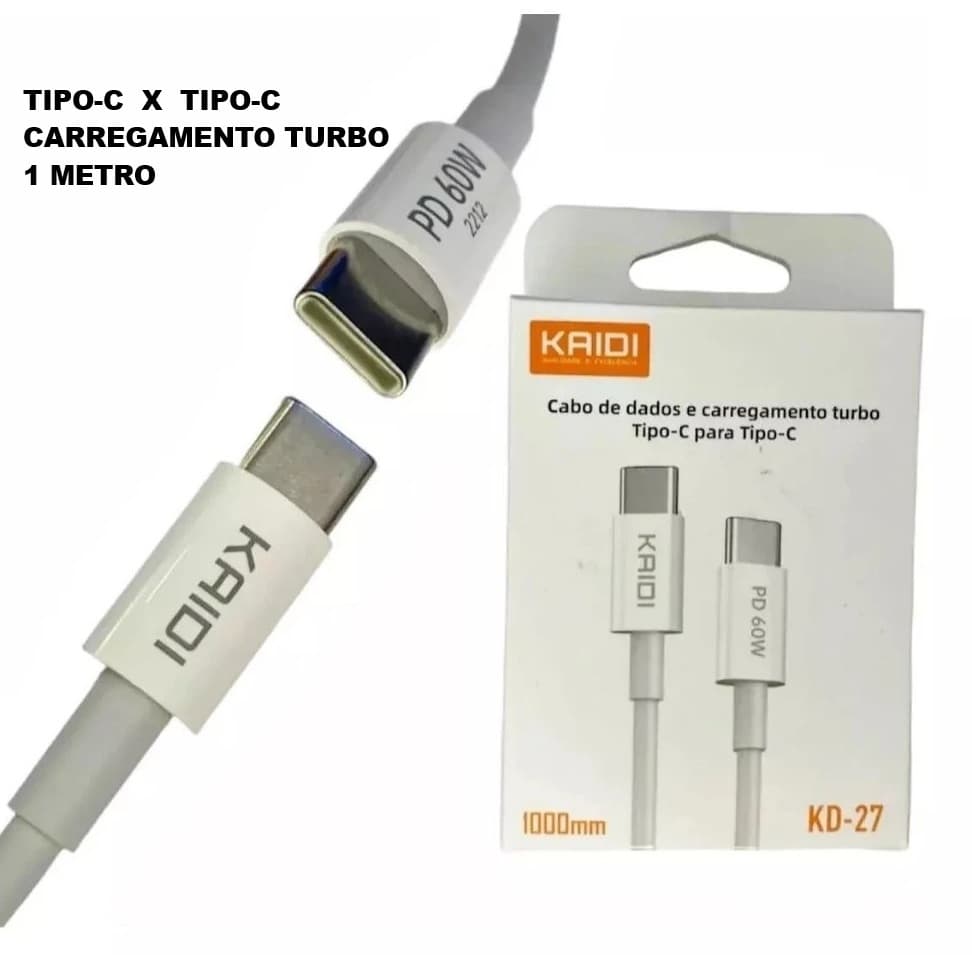 Cabo de Carregamento Turbo e Dados 60W Tipo-C X Tipo-C KAIDI KD-27