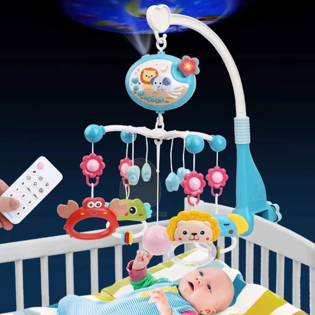 Mobile Projetor Musical Berço Bebê Controle Remoto Luz Estrelas Rotação Suave 360* Relaxamento Sono