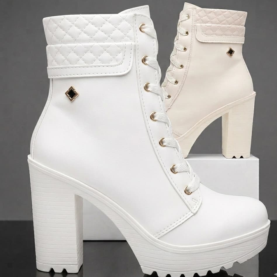 Coturno Bota Feminina Salto Alto Bloco Cano Medio Confortavel Moda Lançamento Marrom Plataforma