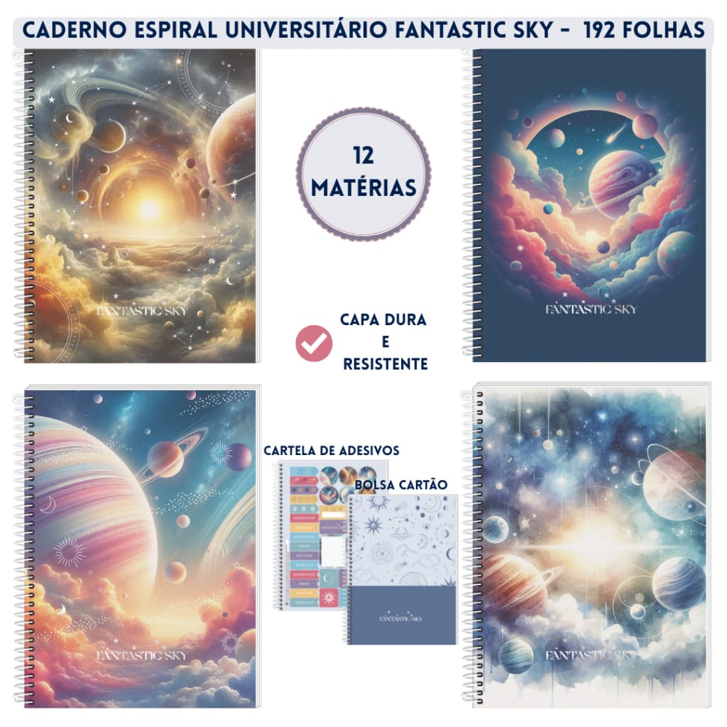 Caderno Espiral Universitário 12 Matérias 192 Folhas Capa Dura Fantastic Sky - 3B Cadernos