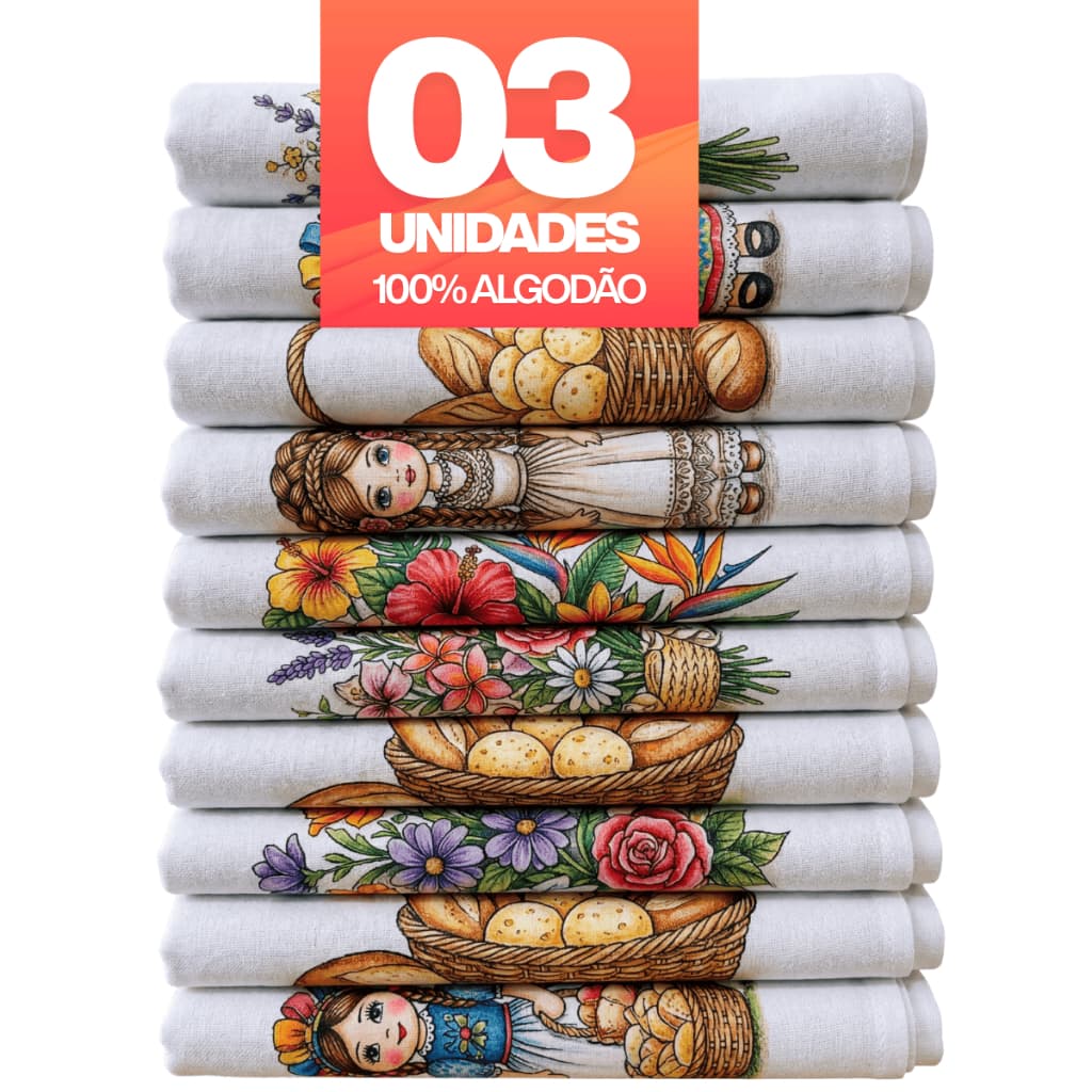 Kit 3 Panos de Prato Estampados 100% Algodão com Bainha 60x35