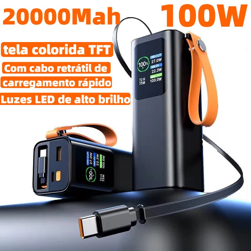 NOVO Carregador Portátil Power Bank 20000mah Turbo 100W PD Rápido,tela colorida tft,Vem com cabo retrátil  KA-9897B