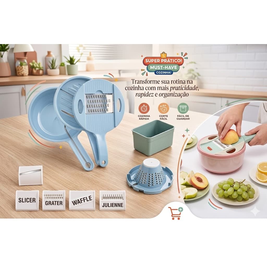Kit Ralador Fatiador Legumes 12 Peças Multifuncional Inox Cortador Vegetais Cozinha Prático Sortido