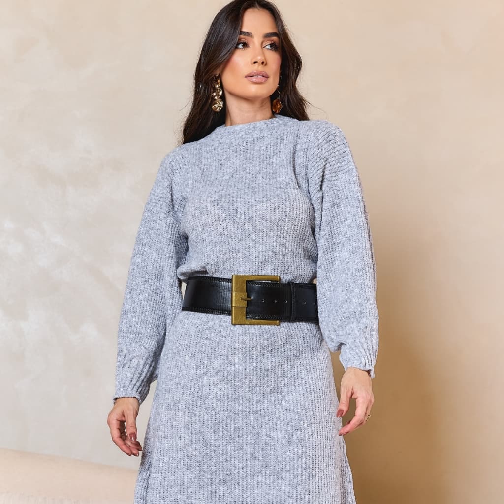 Vestido Midi Feminino Versátil Manga Longa Gola Redonda com Fenda Básico Mousse Tricot Inverno