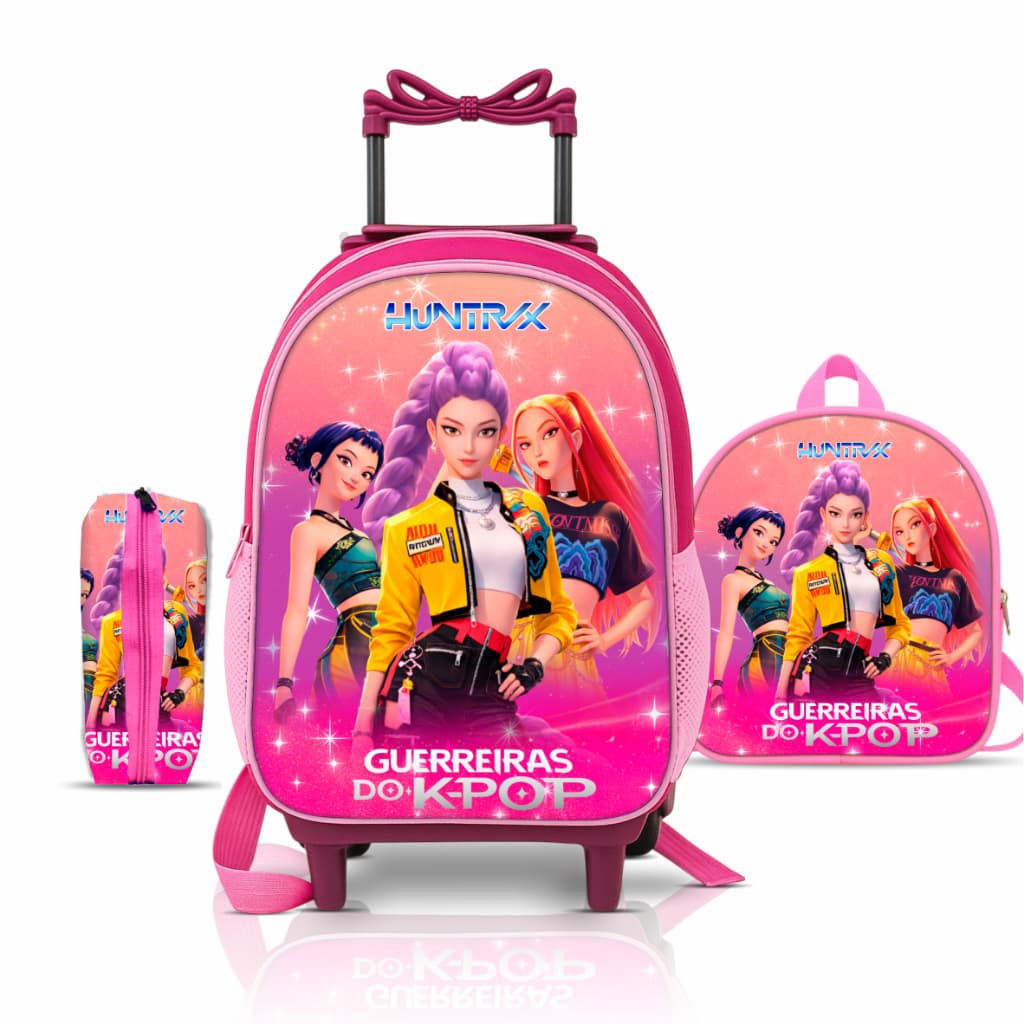 Mochila Escolar Guerreiras Kpop - Menina - Rodinhas + Lancheira + Estojo