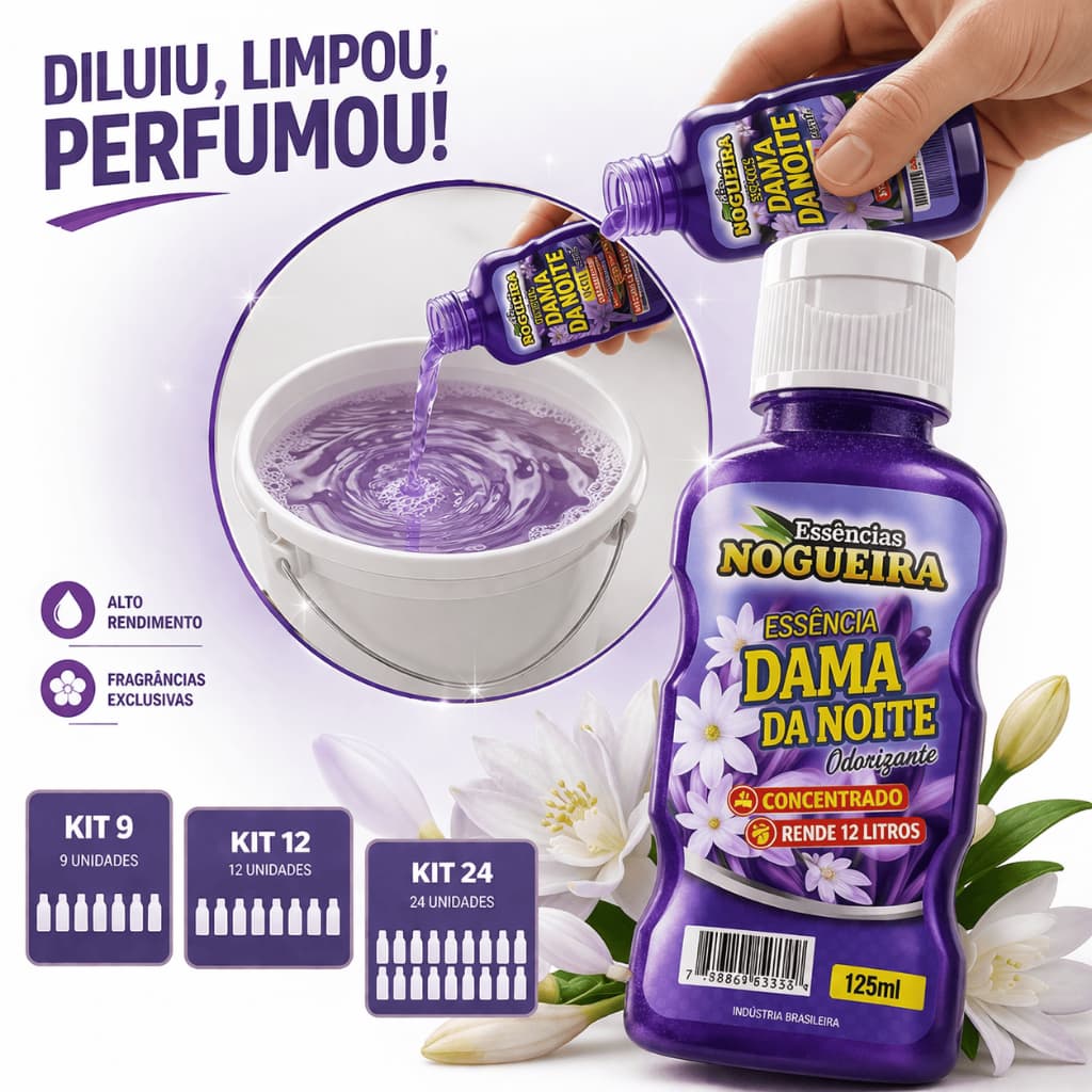 Kit Essências Dama da Noite Diversos Aromas 125ml Concentrada 9 12 ou 24 Unidades Rende 12L Cada
