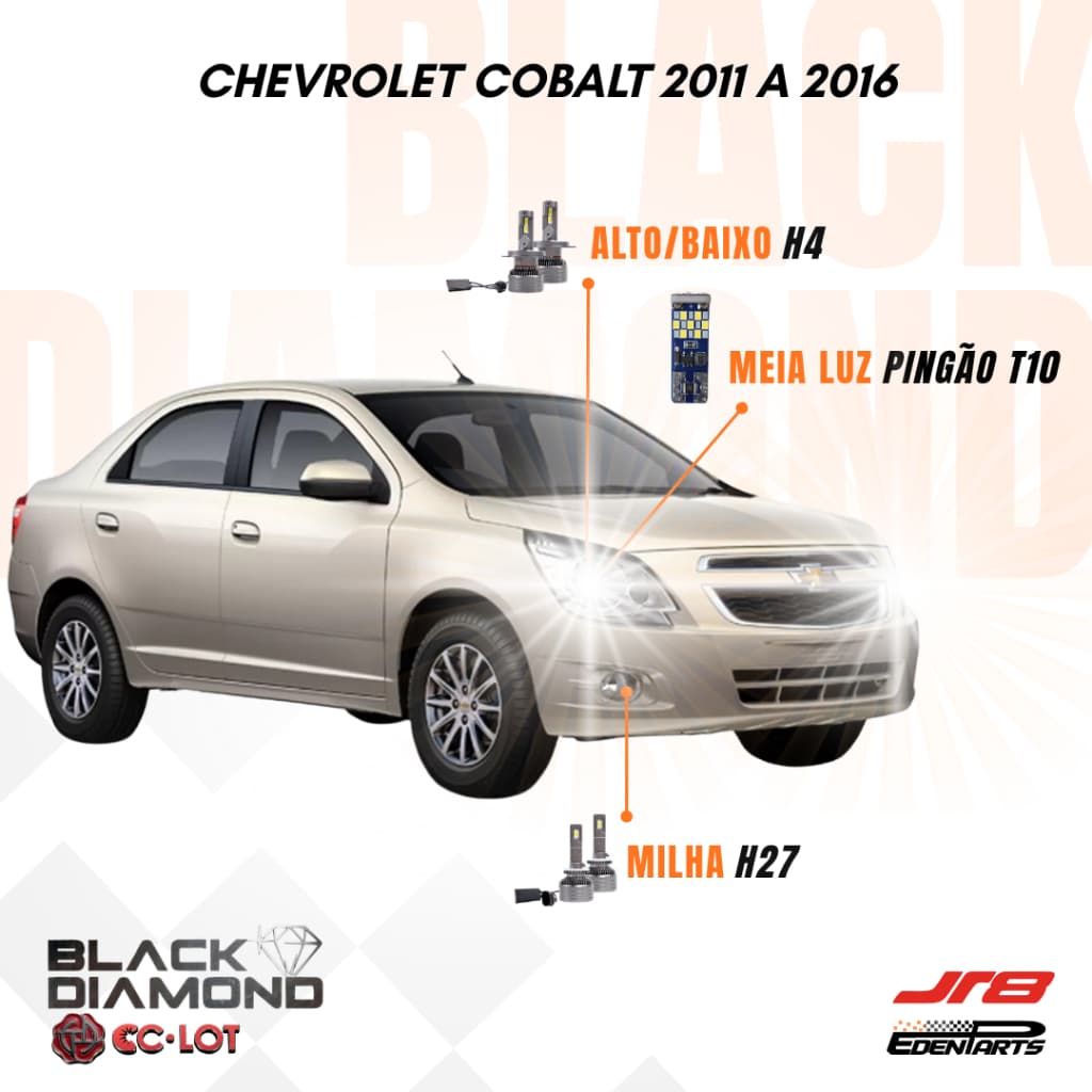Kit Lampadas Farol LED Chevrolet Cobalt 2011 a 2016 JR8 BlackDiamond H4 H27 6000K + Lâmpada Pingão T10 21 LED