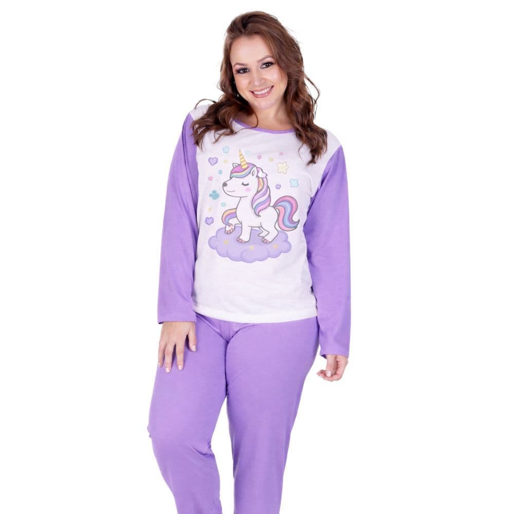 Pijama Plus Size Feminino Inverno Estampado de Frio Calça e Manga Longa Feminino Gabi