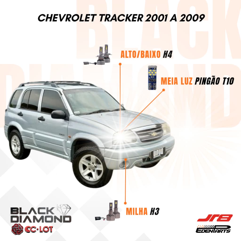 Kit Lampadas Farol LED Chevrolet Tracker 2001 a 2009 JR8 BlackDiamond H3 H4 6000K + Lâmpada Pingão T10 21 LED