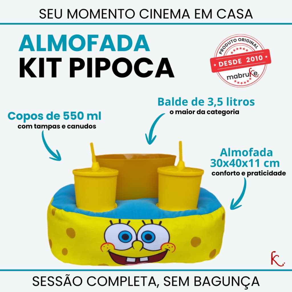 Almofada Porta Pipoca + Balde 3,5 l + 2 copos 550 ml BOB ESPONJA - Cinema Filme em Casa Decoração Conforto