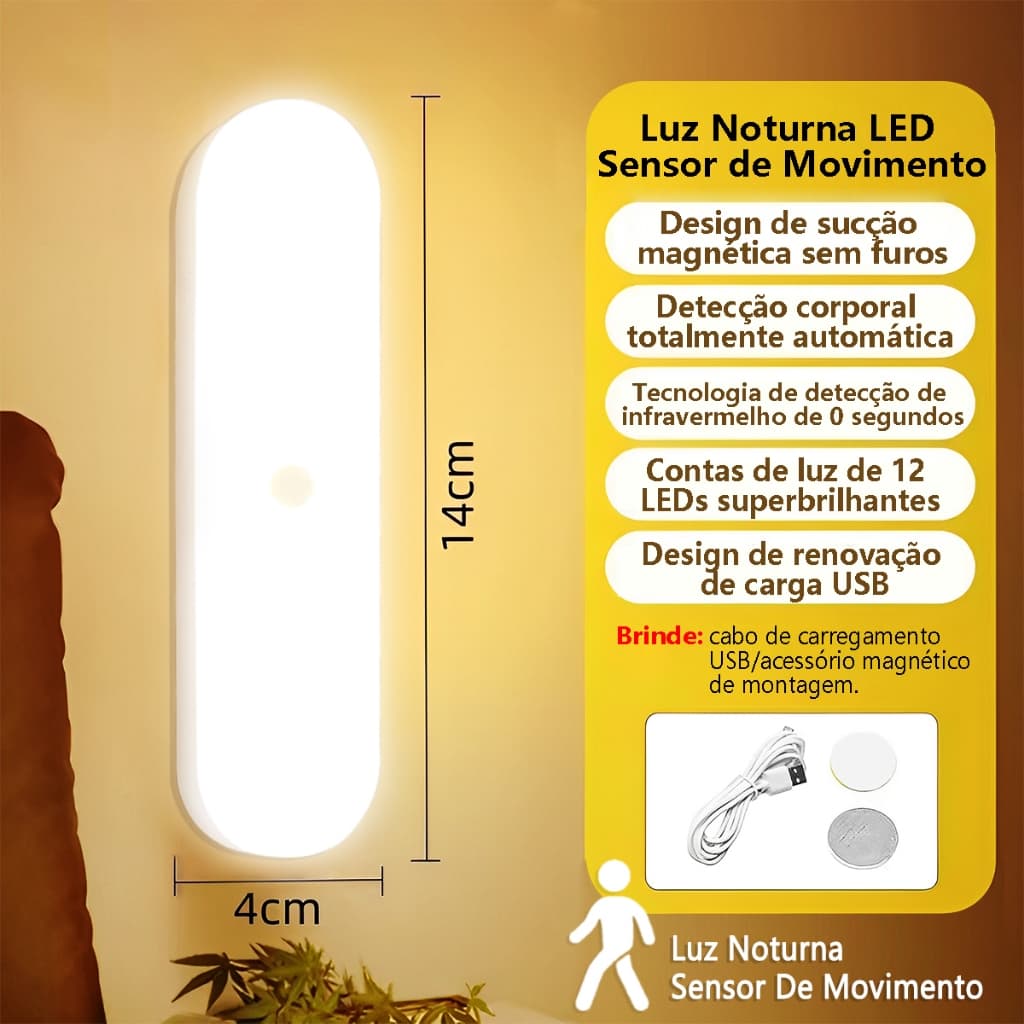 Luminaria De Presença Luz Noturna Inteligente Magnética Recarregável De Parede Ou Cabeceira Para Casa