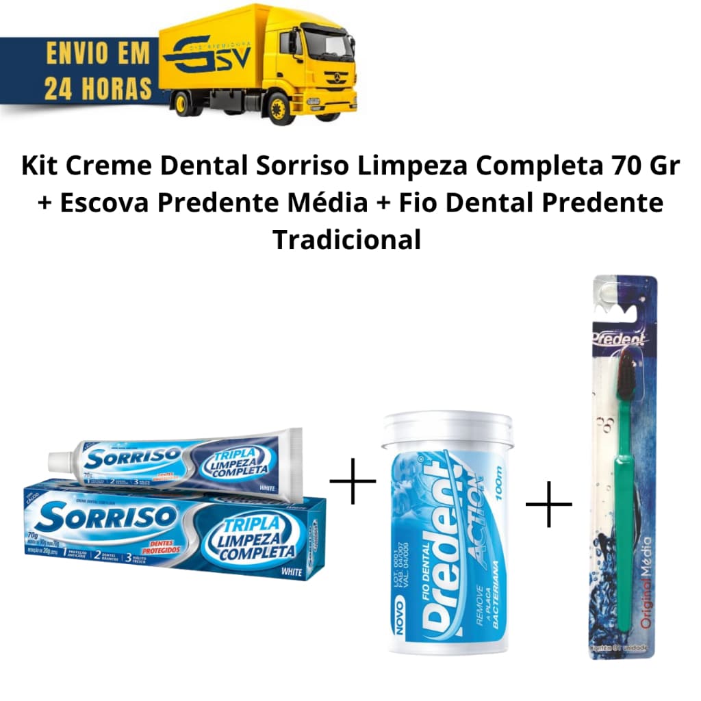 Kit Creme Dental Sorriso Tripla Limpeza+Fio Dental Predente Tradicional+Escova Dental Predente Média