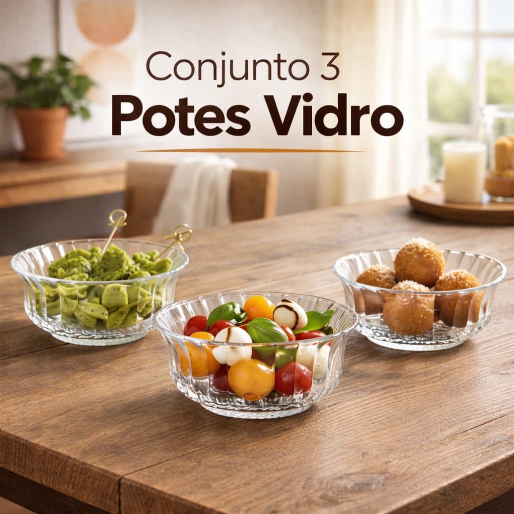 Conjunto 3 Potes Taças Vidro Mantimentos Refratário Vasilha Recipiente Servir Elegante Tigela para Doces e Sobremesas