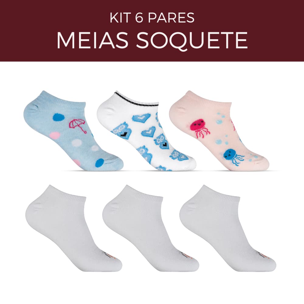 Kit 6 Pares Meias Femininas Soquete 33/38 Branca Rafa Parize