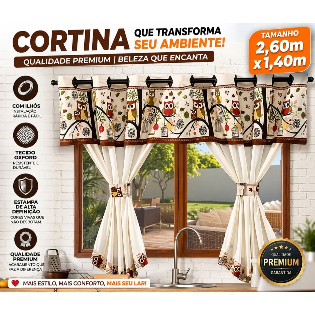 Cortina de Cozinha Home 2,60m x 1,40m para Varão Simples - Coruja