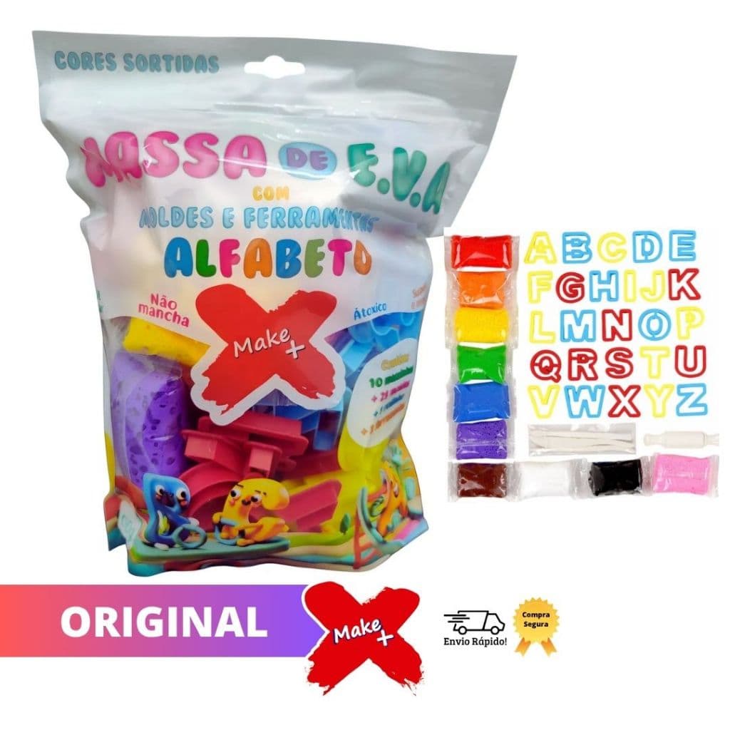 Kit Massinha de EVA com Moldes e Ferramentas Alfabeto Modelar Massa de Cores Sortidas Escolar Brincar Diversão Make+