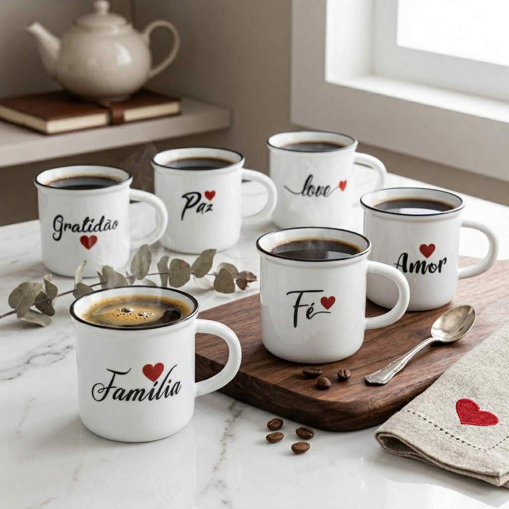 Kit 6 Mini Canecas De Porcelana Brancas Esmaltadas Para Servir Café Chá Estampadas Com Dizeres Decoração Cozinha 200ml