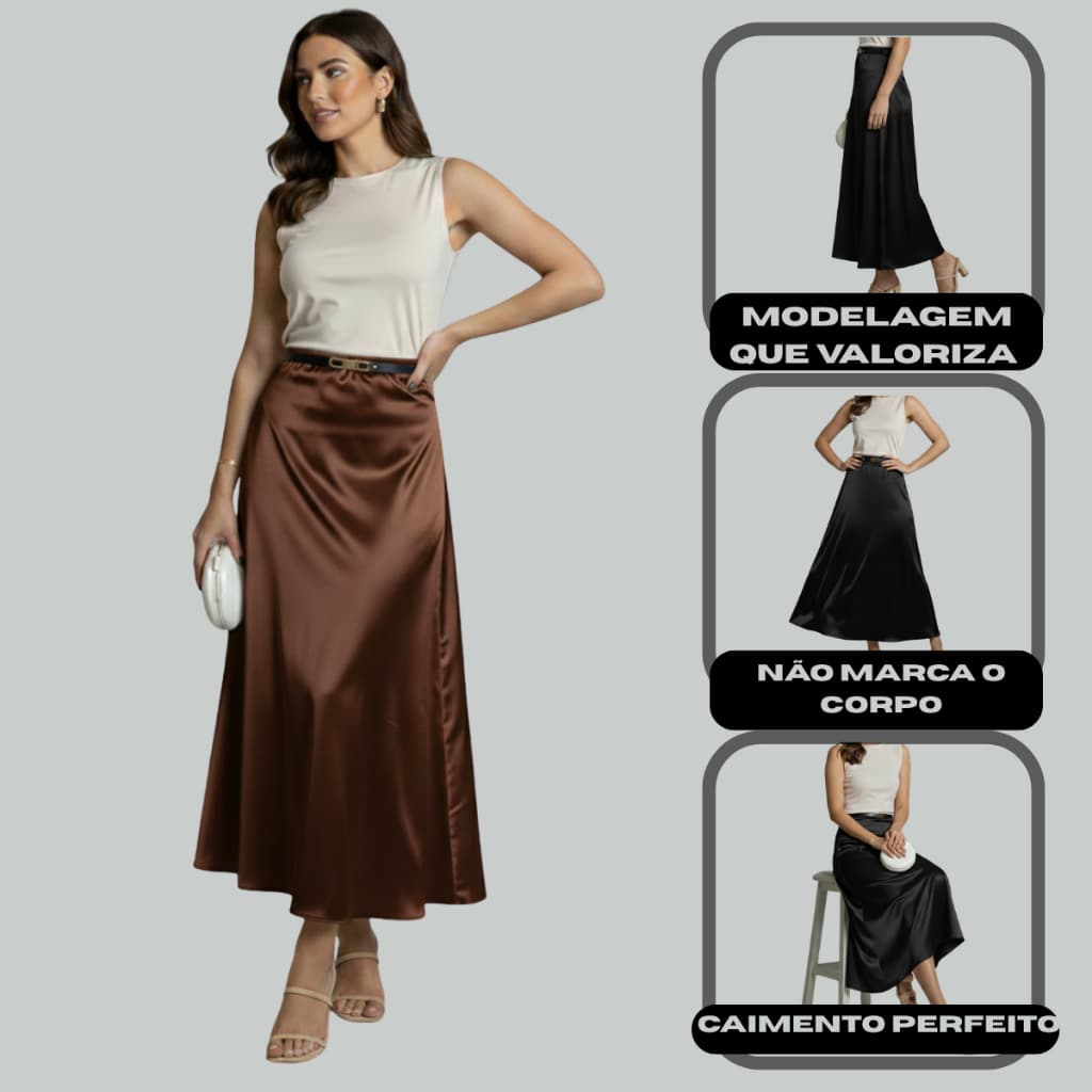 Saia Feminina Longa Midi Acetinada Cetim Elegante Zíper Moda 2025