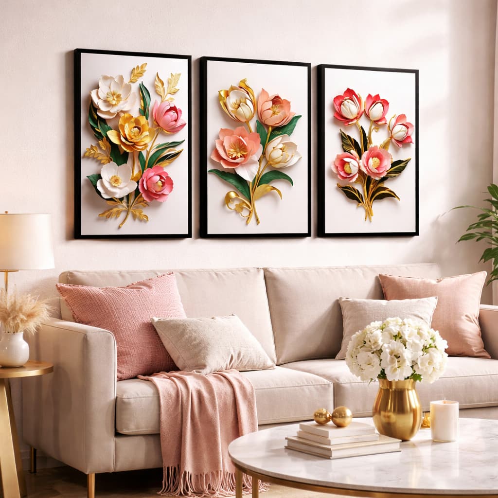 Quadros Decorativos Flores Tulipas Brancas rosas  Gold com fundo branco borda preto