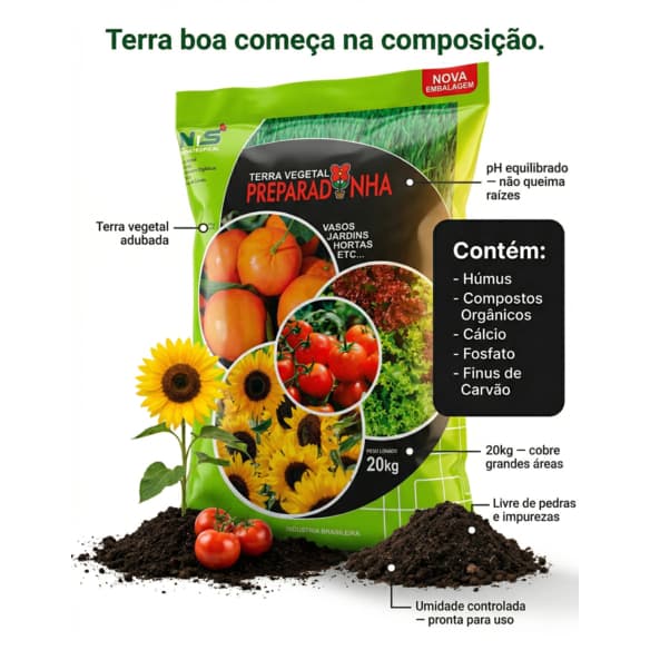 Terra Vegetal Adubada Jardim Horta Plantas Verde Flores Jardim 5kg, 10kg ou 20kg