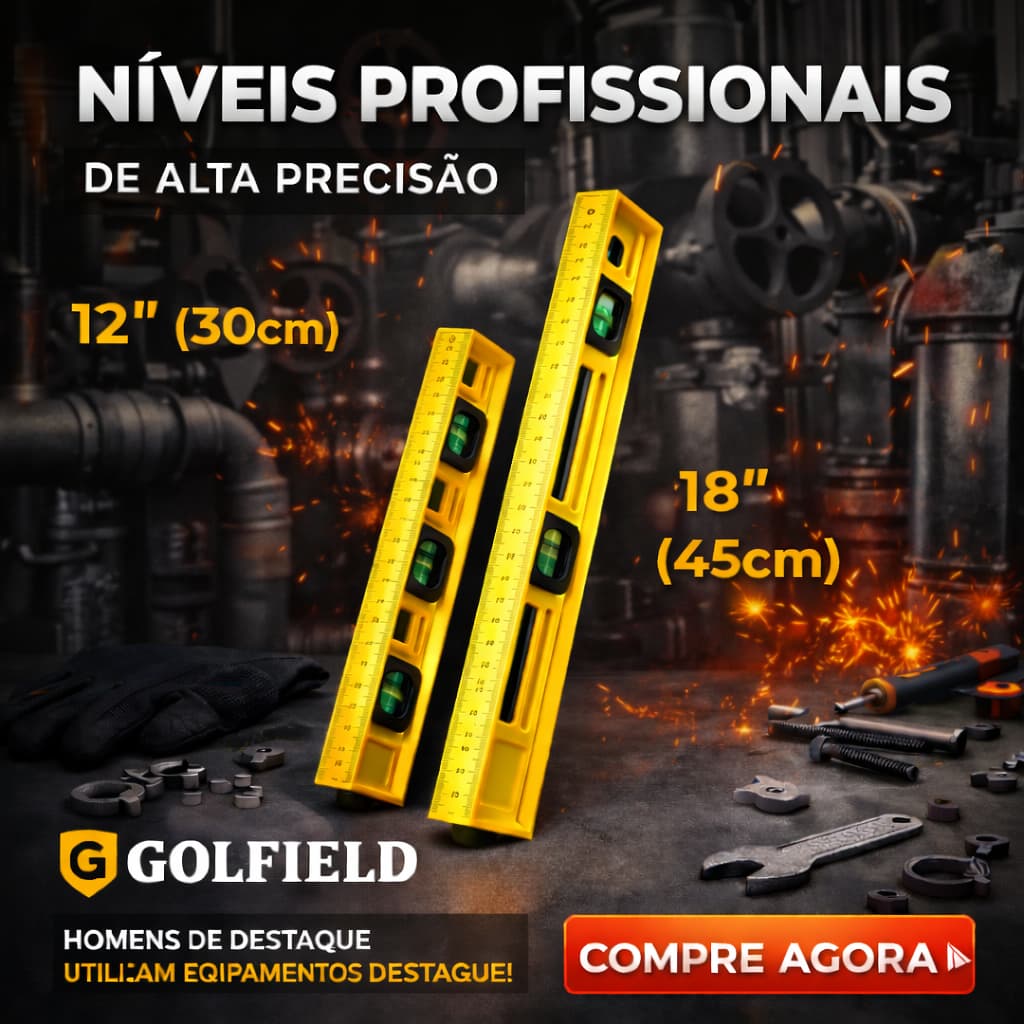 Kit Nível Profissional 12 e 18 (30cm e 45cm) Golfield 3 Bolhas de Precisão, Régua Integrada