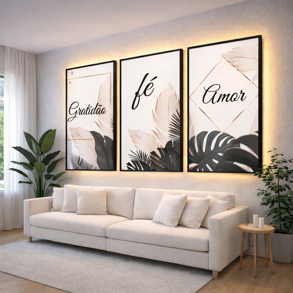 Kit 3 Quadros Decorativo Mdf Mosaico Diferente Gratidão Fé Amor Folhas Pretas Quarto Sala Moldura
