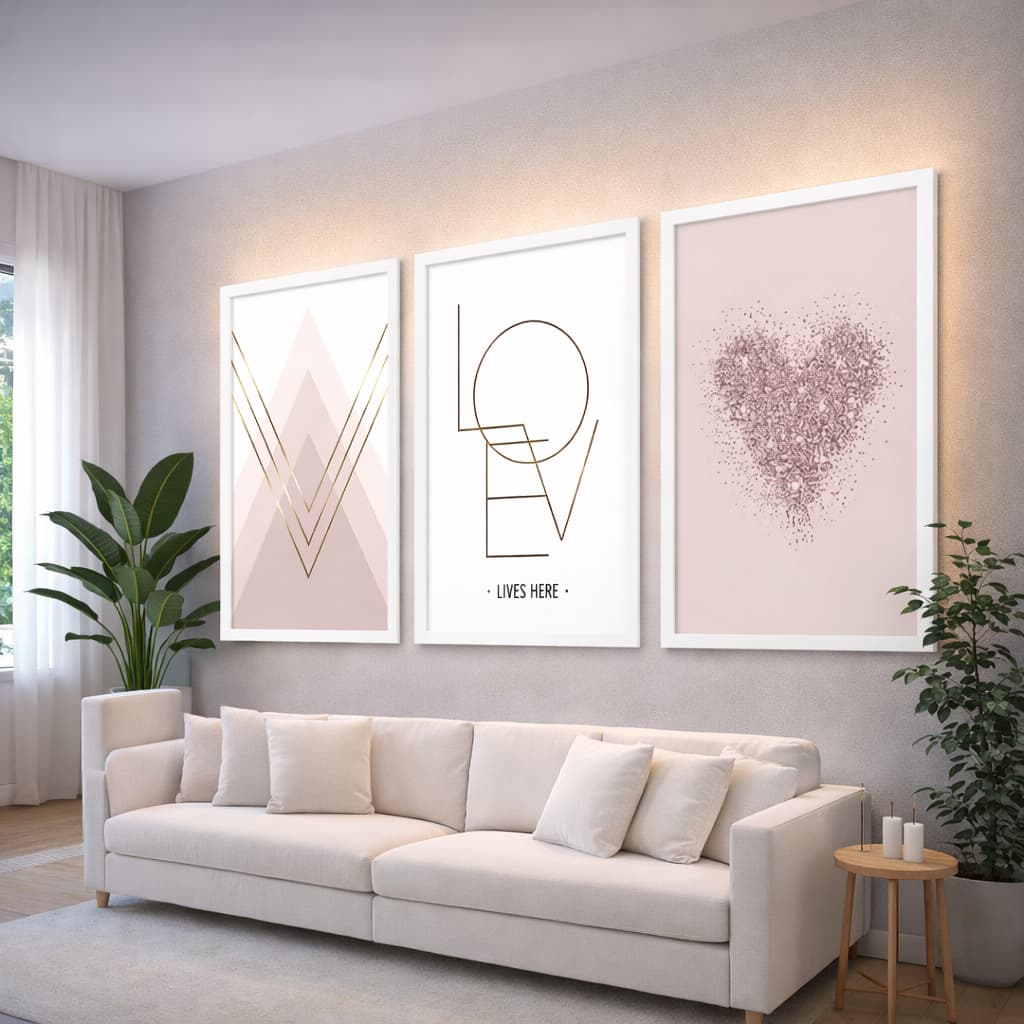 Kit 3 Peças Quadros Decorativos de Parede Quarto Sala Moldura Hall Love Feminino Delicado