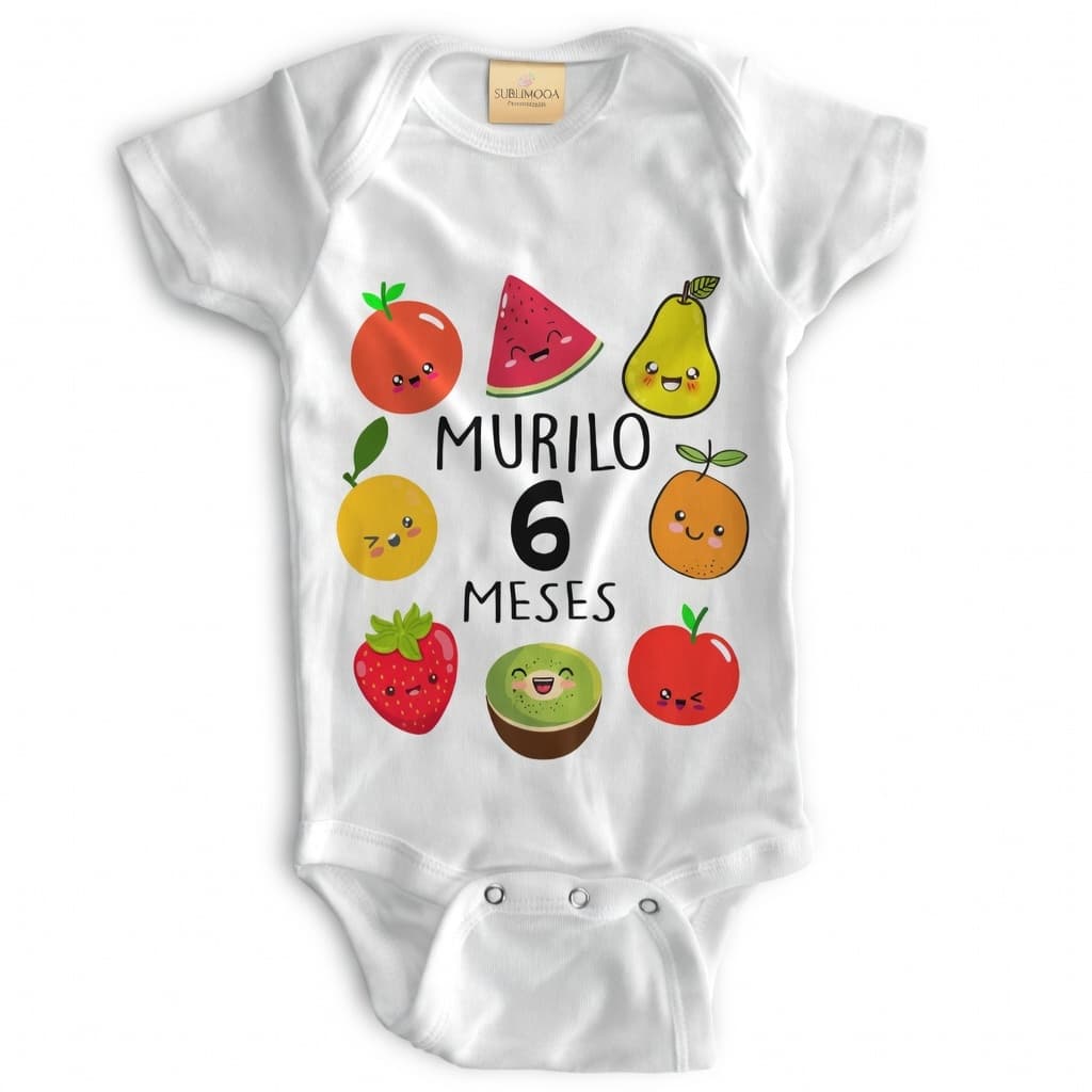 Body Bebê Personalizado Mesversário - Fruta Introdução Alimentar - Poliéster + Elastano - Estica! 🍓🍉
