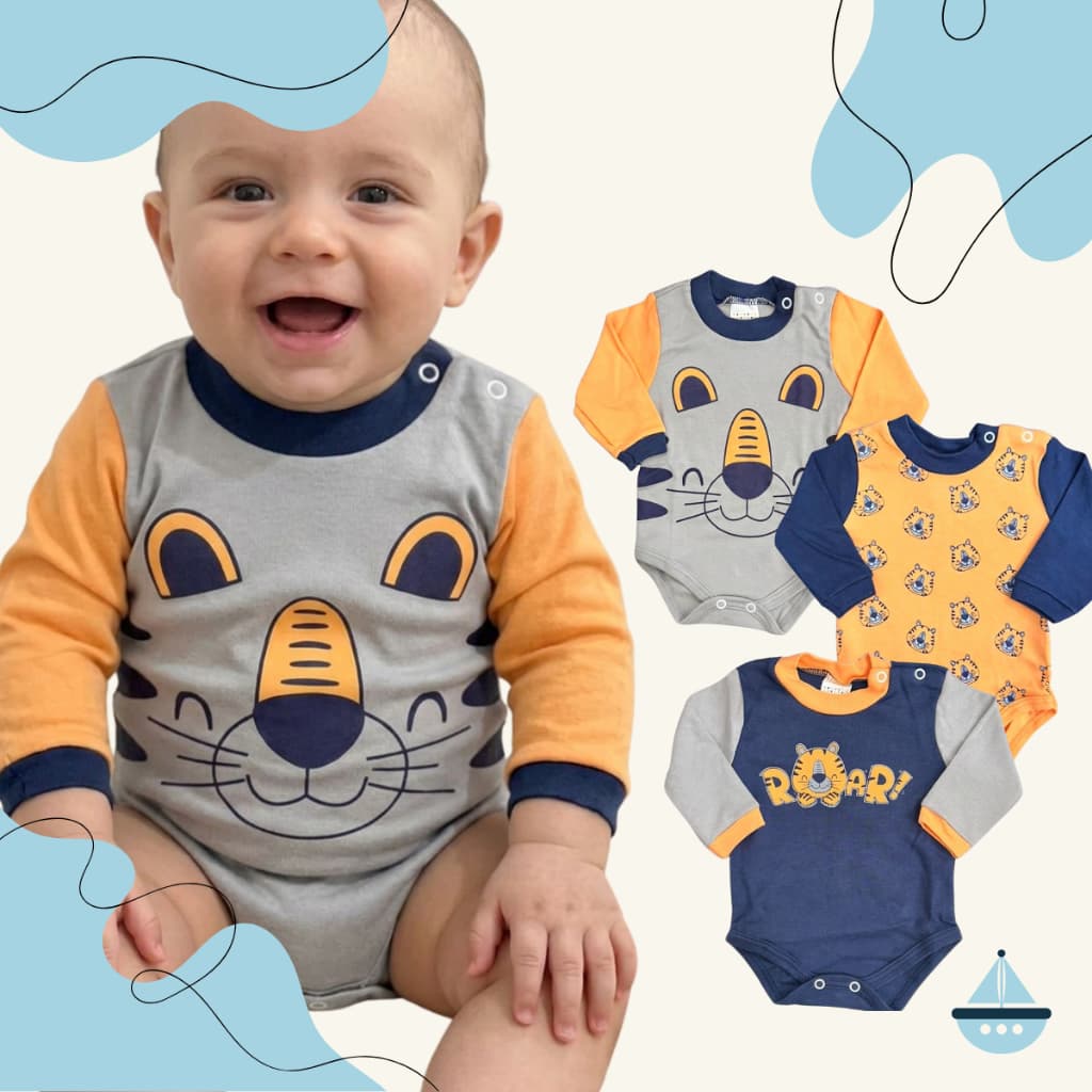 Kit 3 Body Manga Longa Bebê Menino Estampado Algodão Gola Americana Confortável Moda 3 pecas