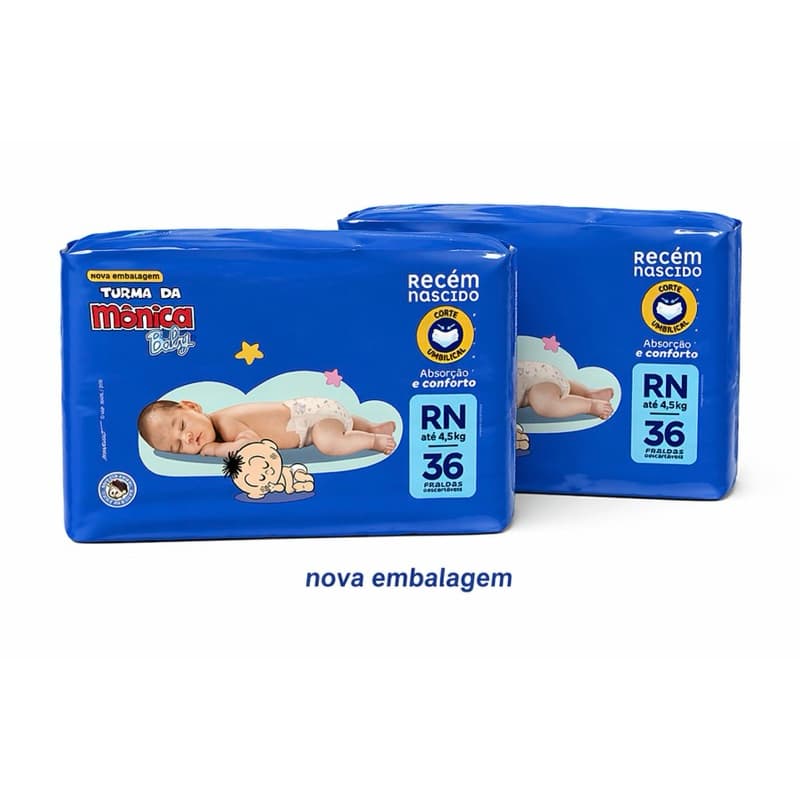 Kit 2ptes Fralda RN Turma da Mônica 36un cada - Total 72un
