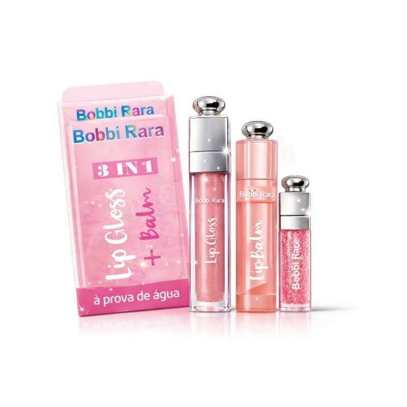 Kit Lip Gloss + Lip Balm Bobbi Rara 3 em 1 – Brilho Labial + Hidratante + Gloss com Glitter à Prova d’Água