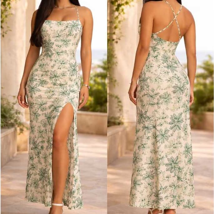 Vestido feminino mid estampado ajustável com fenda malha liz premium tendencia