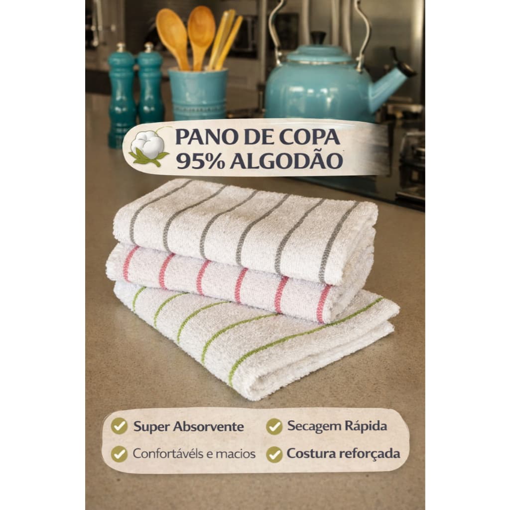Kit Pano de Copa Algodão Listrado Atoalhado Absorvente Pano de Prato