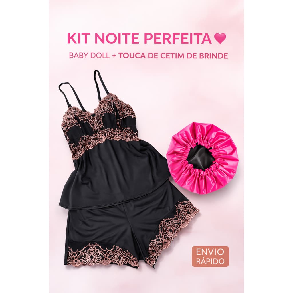 Baby doll renda Bicolor + Touca de cetim Pijama Dormir Cabelo