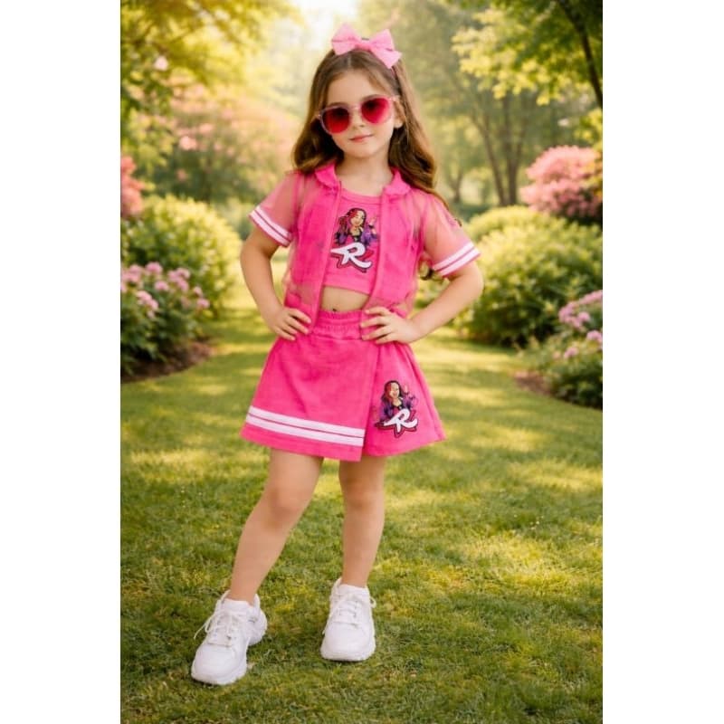 Conjunto Infantil Manga Curta 3 Peça Emily Vick Croped Modinha Blusa Emily Vick Foguete Ketlen Os Rosas
