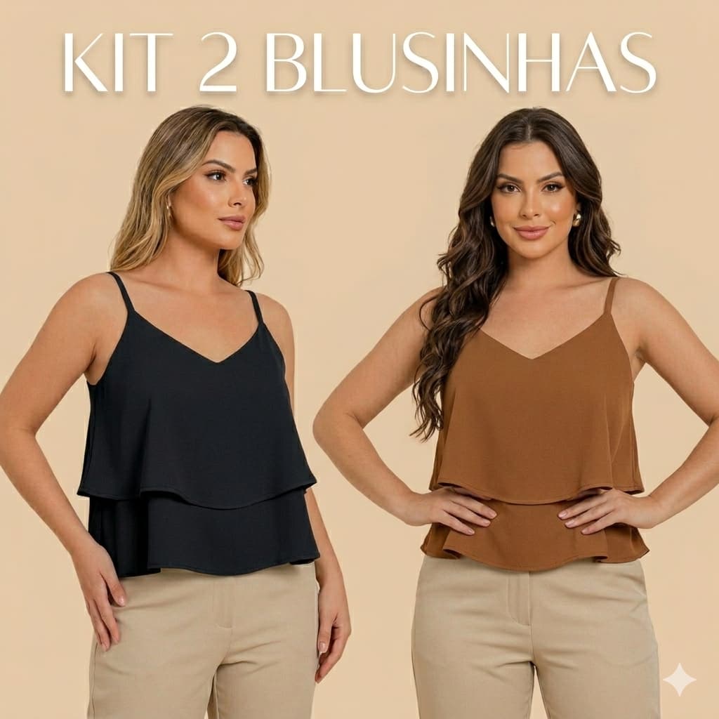 Kit 2 blusa regata fermina 2 babados alcinha crepe duna blusinha elegante