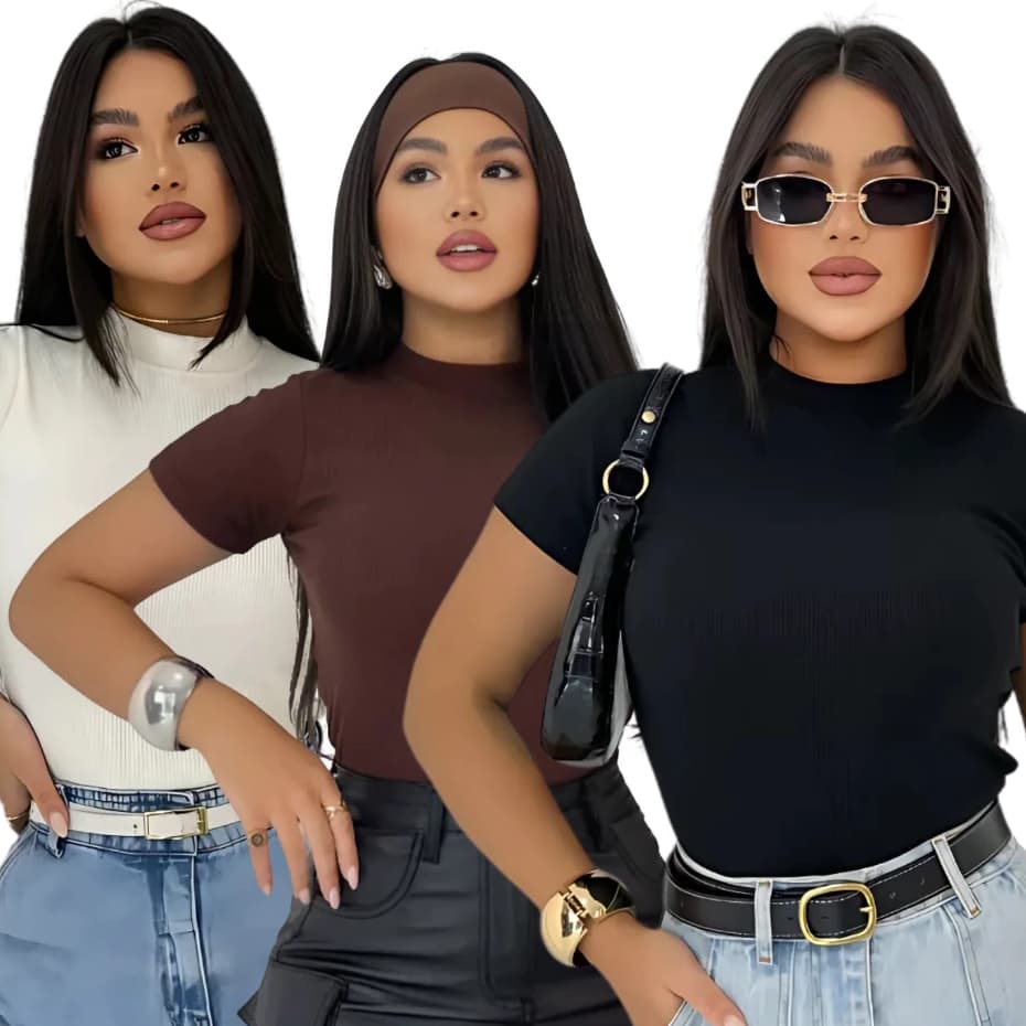Blusa Feminina Básica Ribana Canelado Premium Casual Moda Gringa Basico Camiseta T-Shirt  Manga Curta