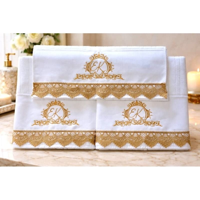 Jogo de toalha de banho para enxoval de casamento toalha de luxo bordada com renda guipir