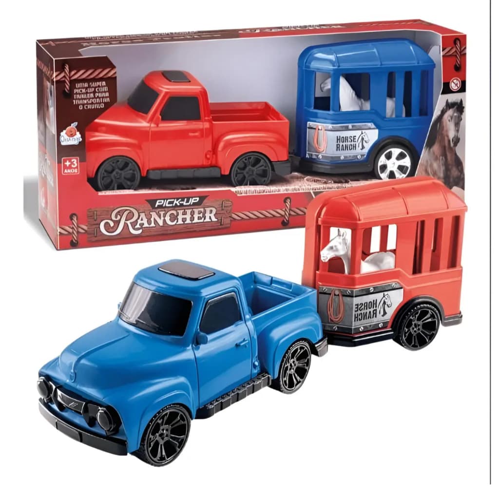 Kit Brinquedo Pick Up Com Trailer E Cavalo Rancher Horse Trailer