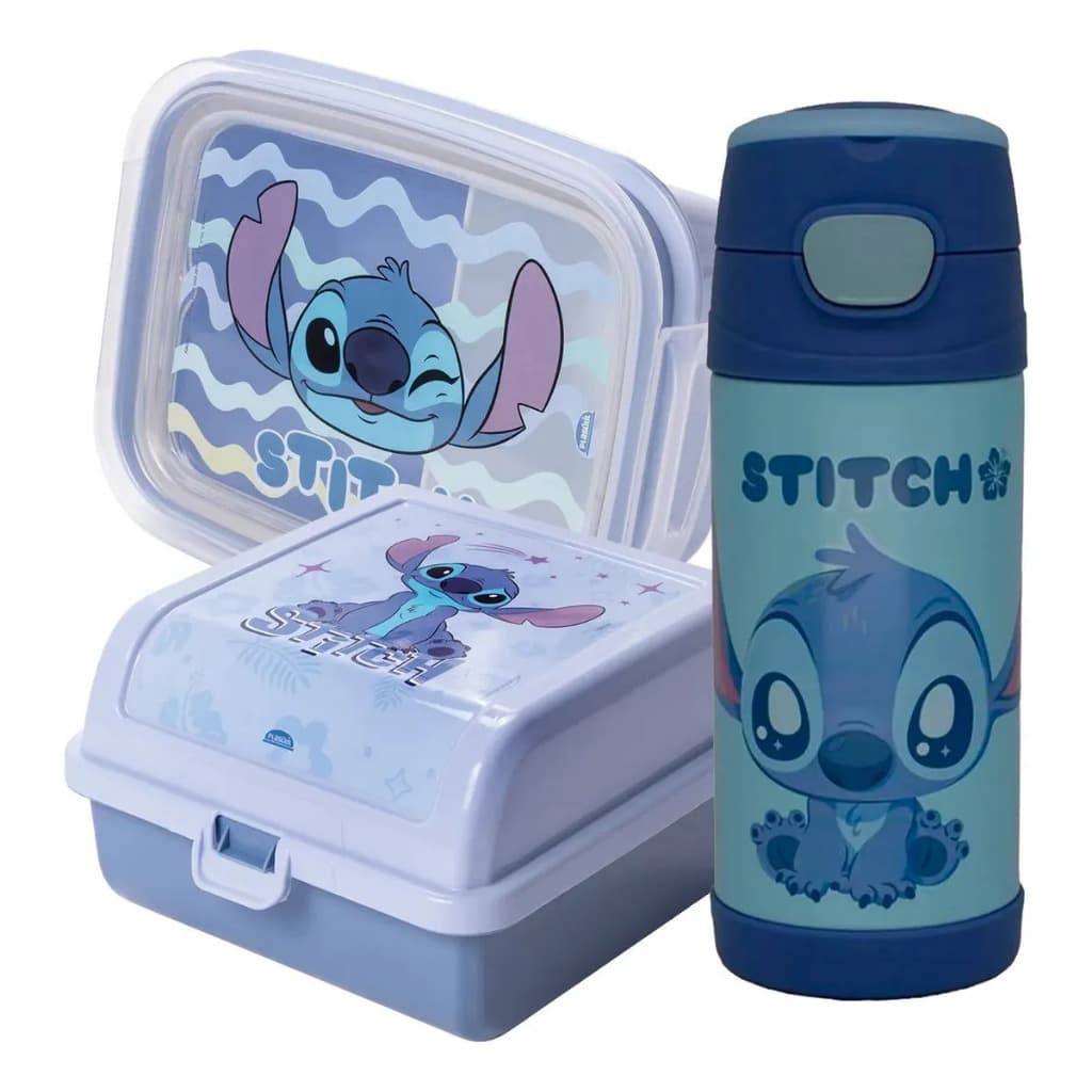 Kit Lancheira Stitch Garrafa Termica 350ml Marmita Porta Lanche Infantil Disney
