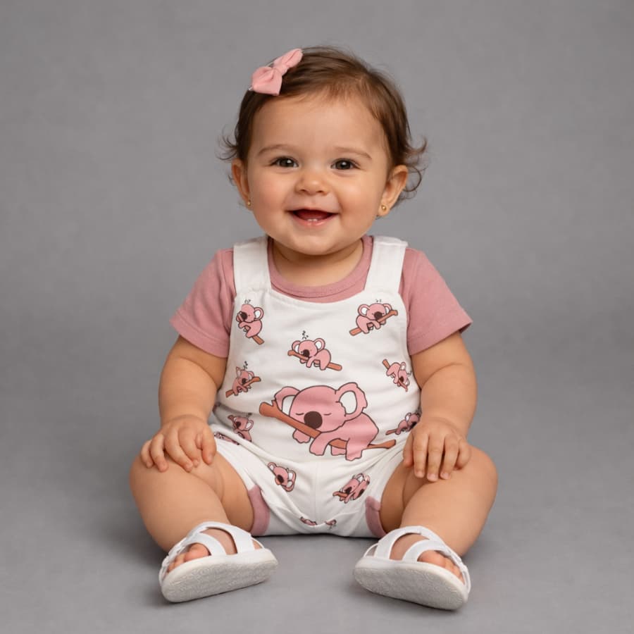 Macacão Curto Jardineira Com Camiseta Verão Romper Bebe Menina Coala Fashion Passeio 3 a 6 Meses