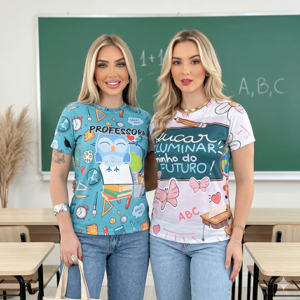 Kit 2 T-shirt Feminina Professora Blusa Manga Curta Educação Profissões Ensino Camiseta Baby look