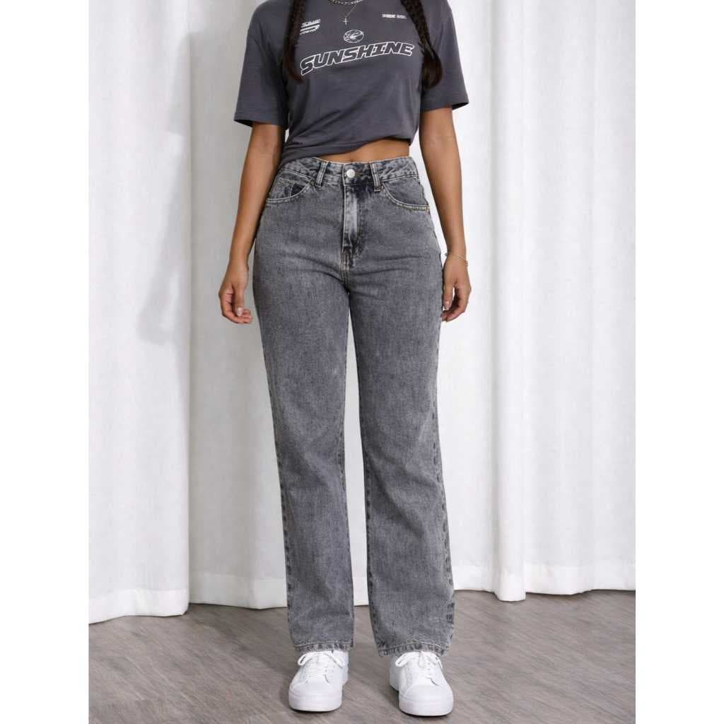 Calça Jeans Wide Leg Feminina Cinza Cintura Alta Lavagem Estonada Moda Casual