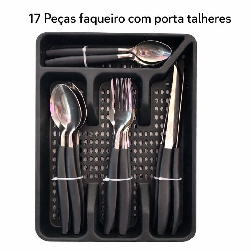 Kit Talheres Inox 17 Peças com Organizador de Gaveta Porta Talheres Cozinha