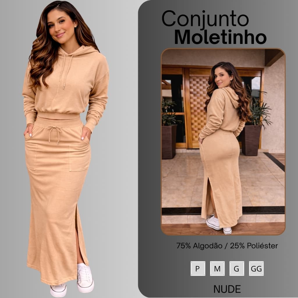 Conjunto Moletom Feminino 2 Peças Saia Midi e Blusa Manga Longa com Capuz Bege
