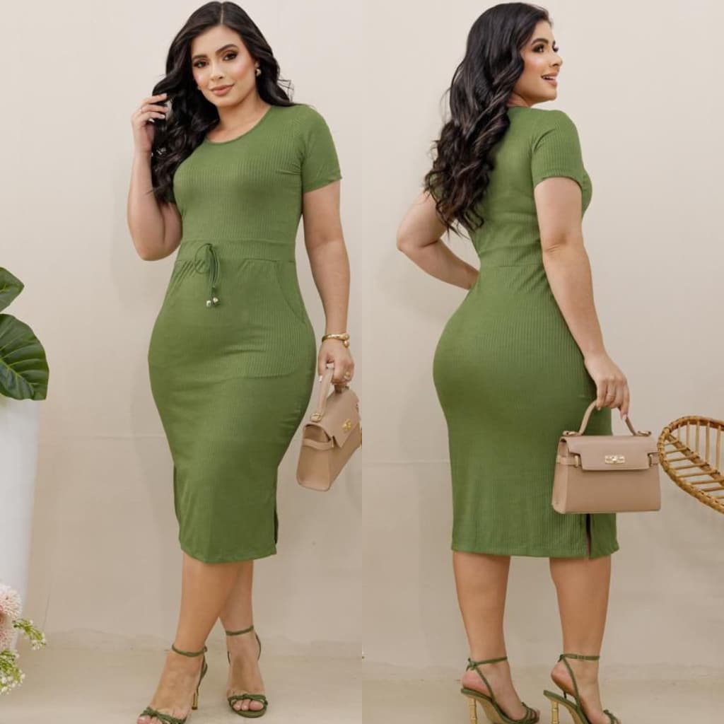Vestido Mídi Com Bolso e Cordão Feke Manga Curta Moda Cristã