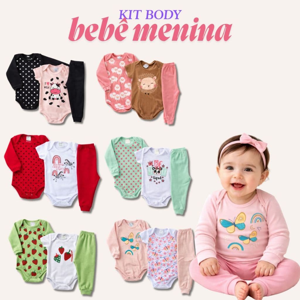 Kit 9 Peças Body Bebê Menina Ribana Manga Longa e Curta Meia Estação e Inverno Tamanho RN ao GG